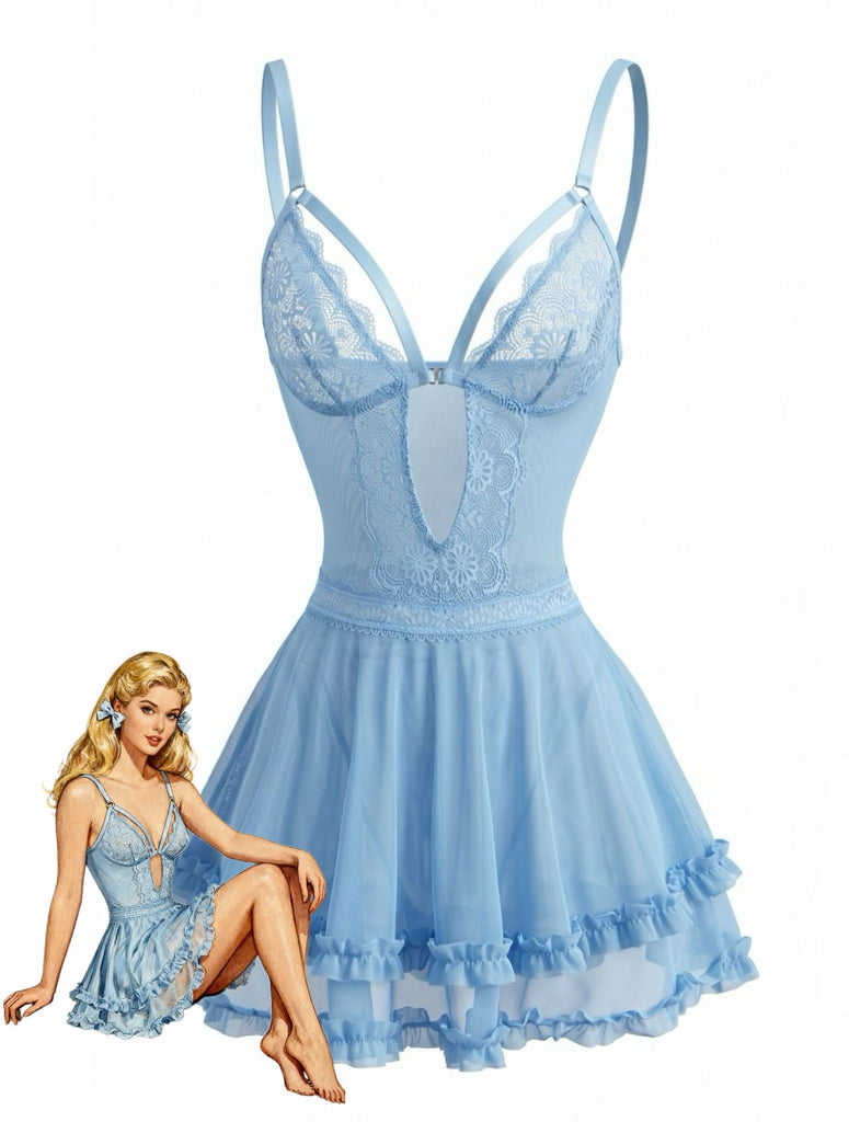 Chemise de Nuit Dentelle Bretelles Fines Floral Bleu Lac années 80