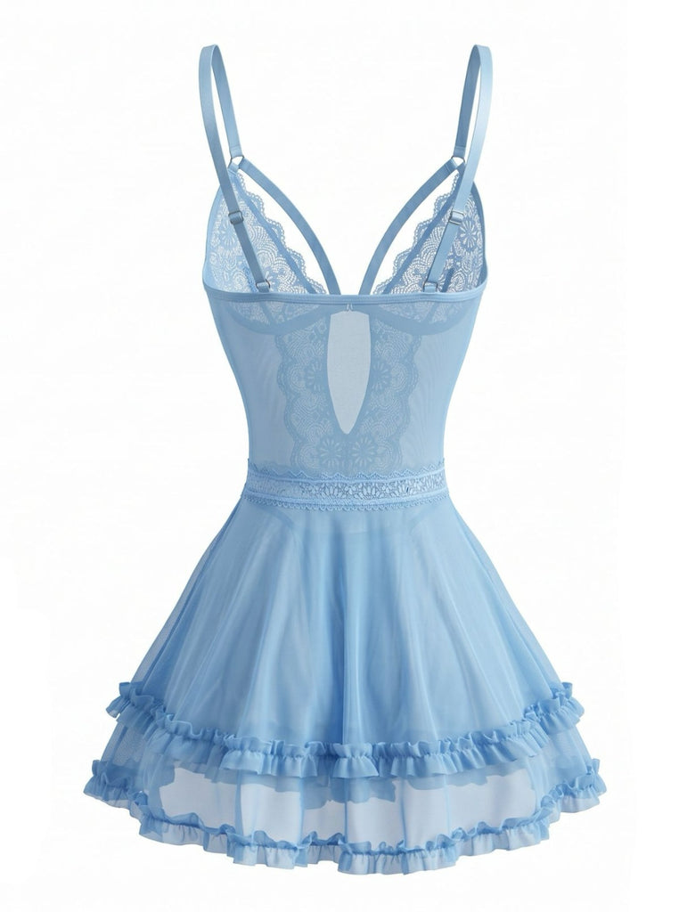 Chemise de Nuit Dentelle Bretelles Fines Floral Bleu Lac années 80 3