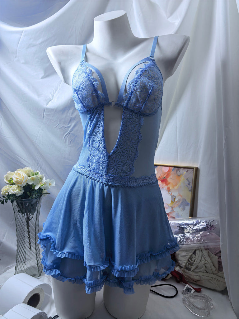 Chemise de Nuit Dentelle Bretelles Fines Floral Bleu Lac années 80 4