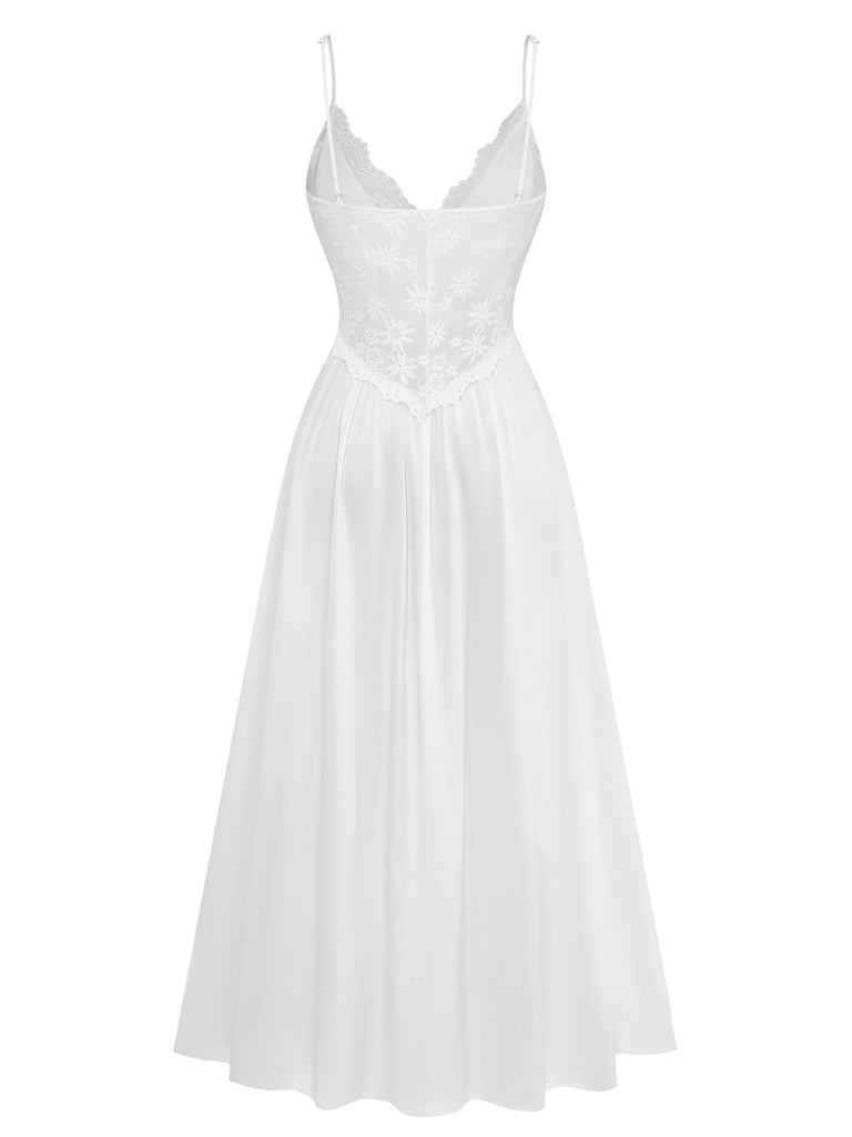 Nuisette à Bretelles Spaghetti Volants Satin Dentelle Années 50