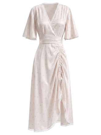 [Prévente] Nuisette Satin Petites Fleurs Convertible Ruched Ourlet Années 1950 2