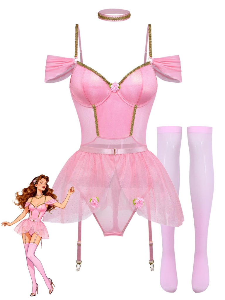 Ensemble 4 Pièces Lingerie Body Tutu Ballet Pailleté Rose Années 60