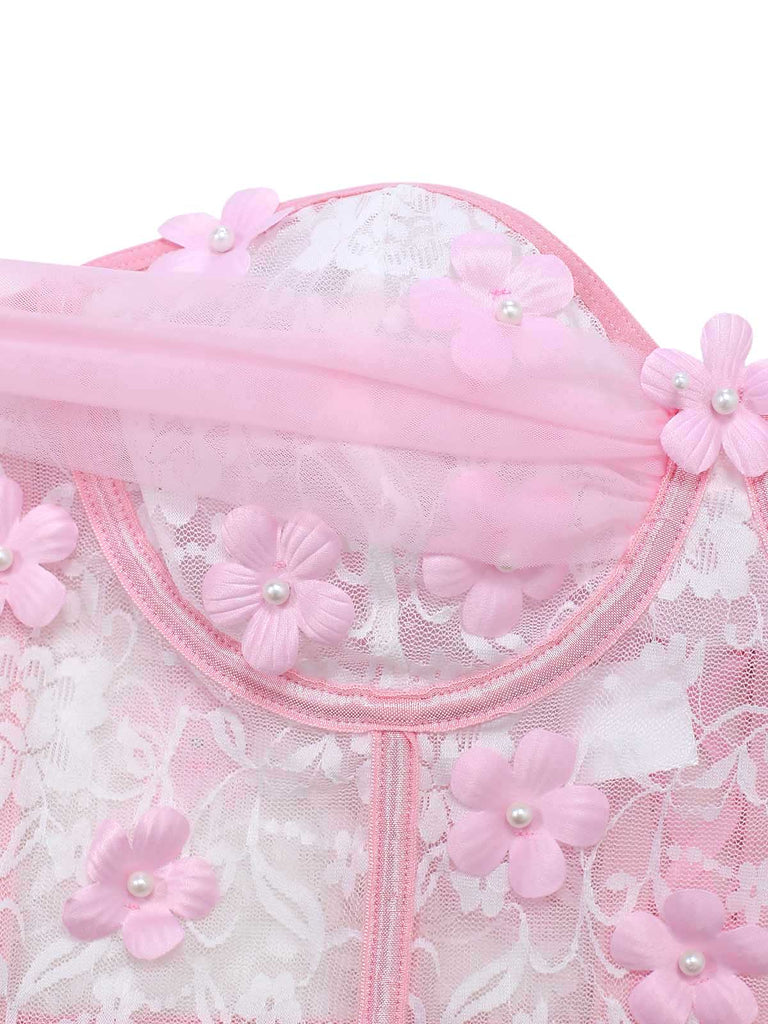 Ensemble Pyjama Florale Dentelle Épaules Dénudées Rose Années 1960 5