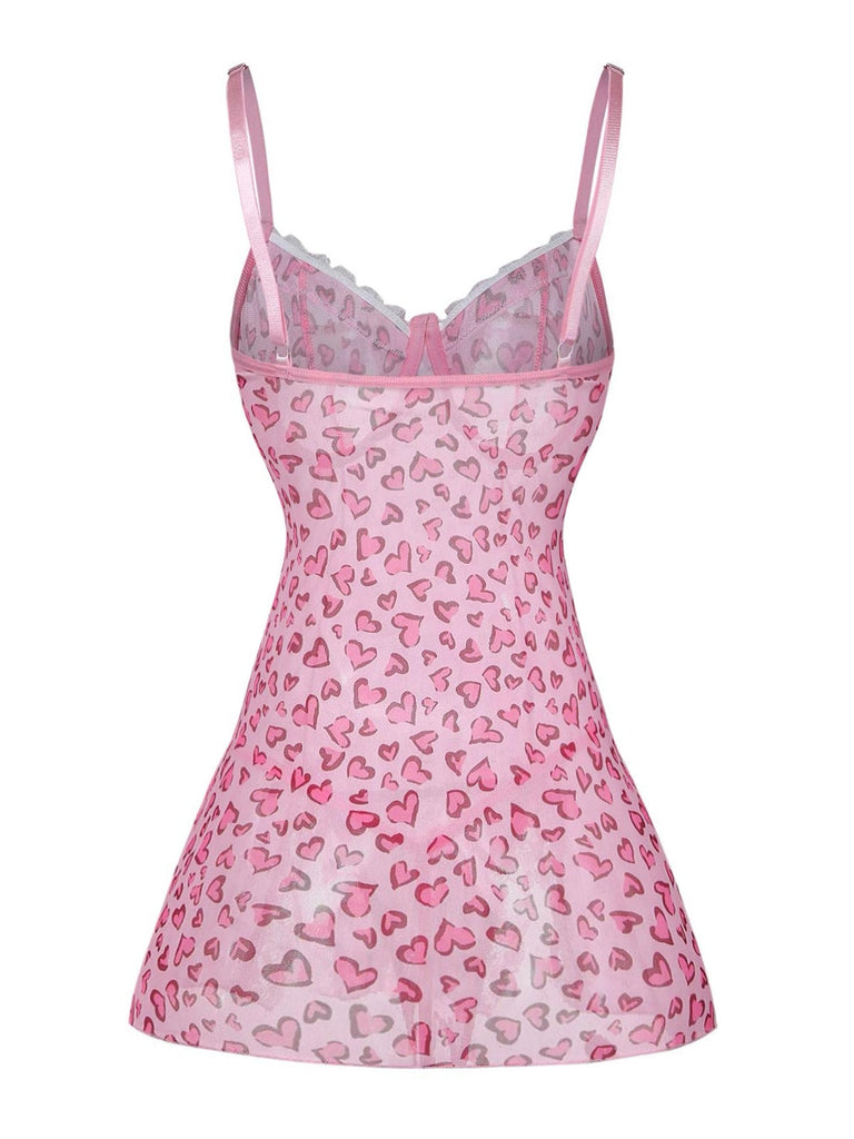 Nuisette Léopard Dentelle Cœur Imprimé Bordure Babydoll Lingerie Rose Pêche Années 1950 3