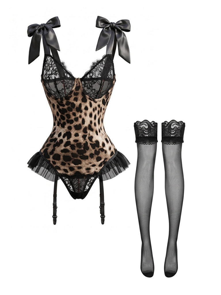 Ensemble Lingerie Nœud Léopard Dentelle avec Bas Années 1950