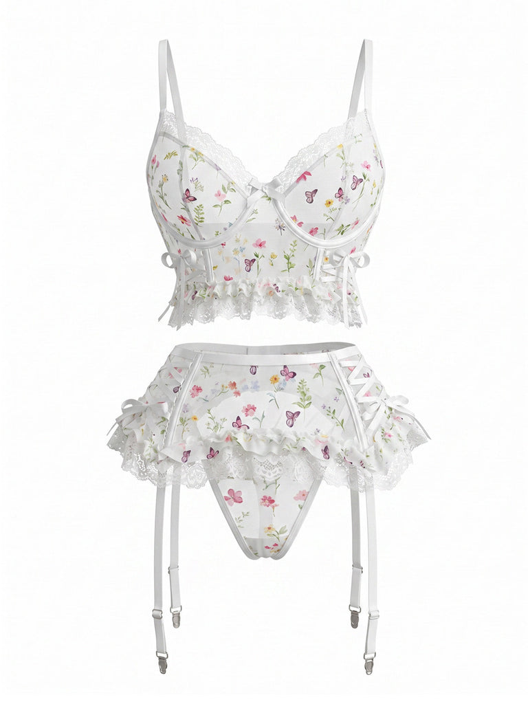 Nuisette Blanc Floral Dentelle Armature Porte-Jarretelles avec Bas Années 1950