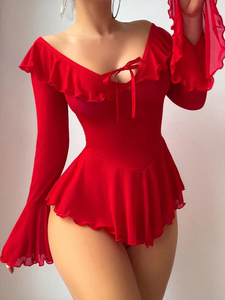 Ensemble 2 Pièces Nuisette Épaules Dénudées Tulle Transparent Années 50