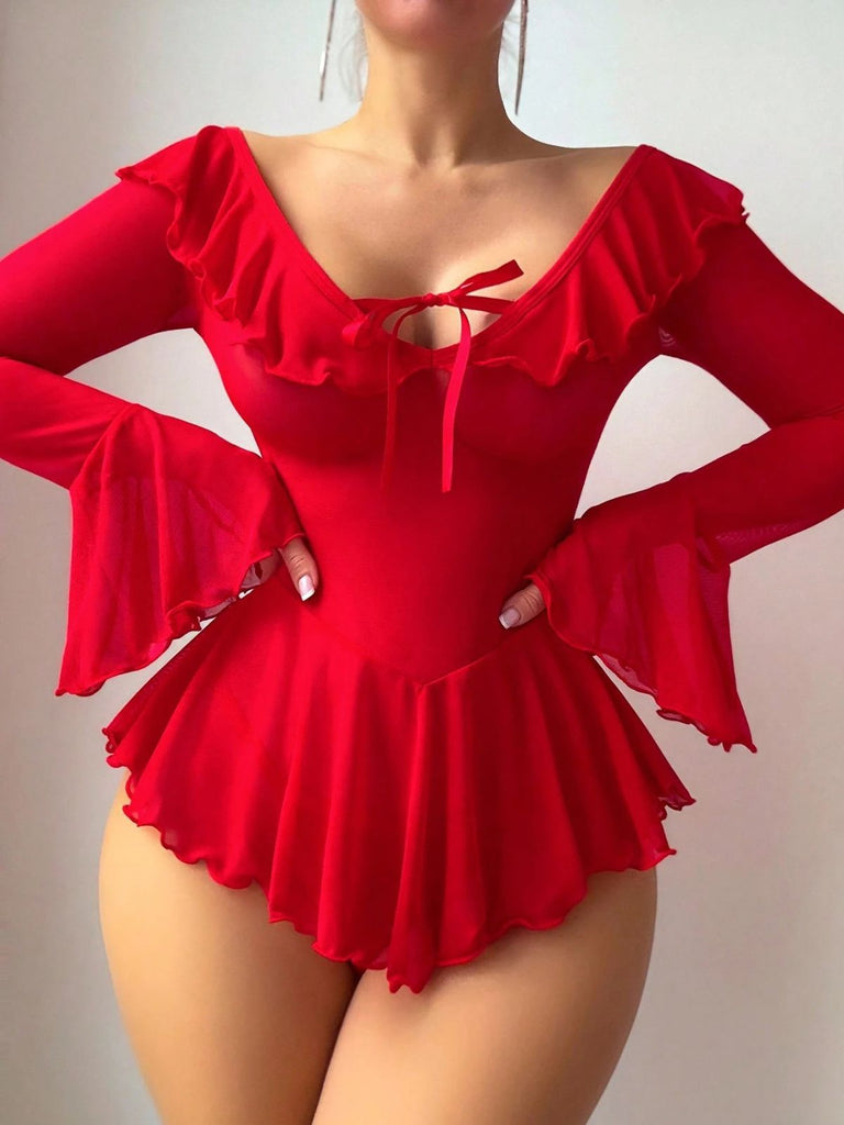 Ensemble 2 Pièces Nuisette Épaules Dénudées Tulle Transparent Années 50