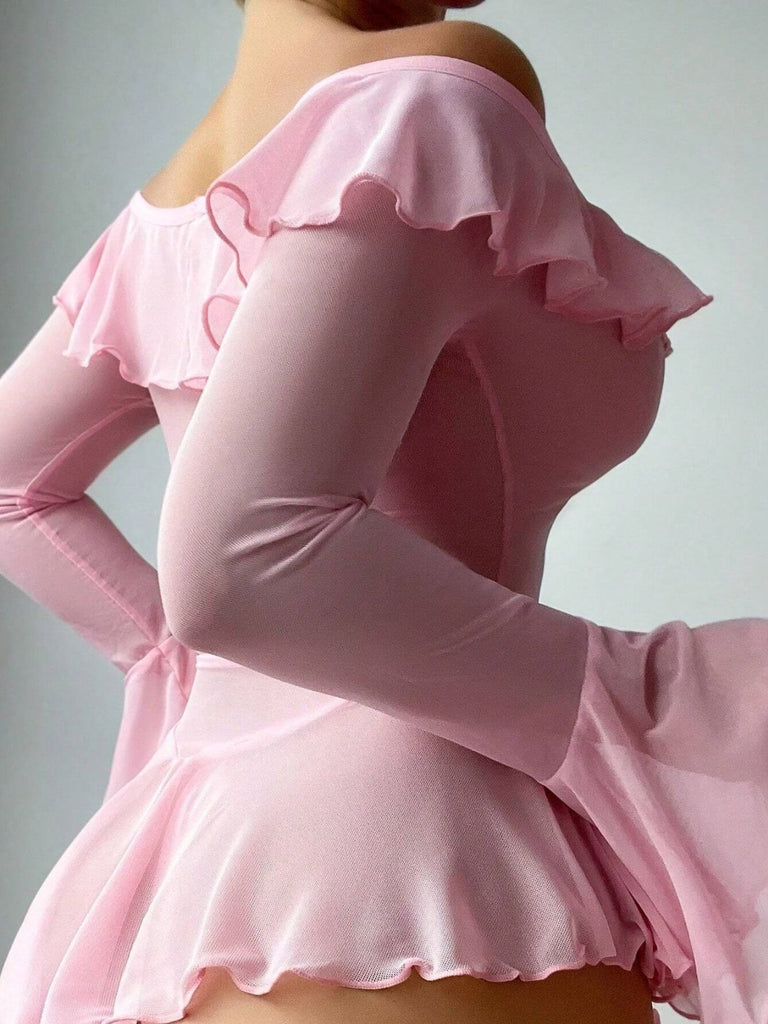 Ensemble 2 Pièces Nuisette Épaules Dénudées Tulle Transparent Années 50