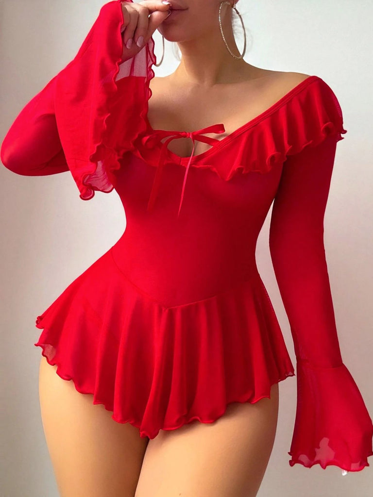 Ensemble 2 Pièces Nuisette Épaules Dénudées Tulle Transparent Années 50