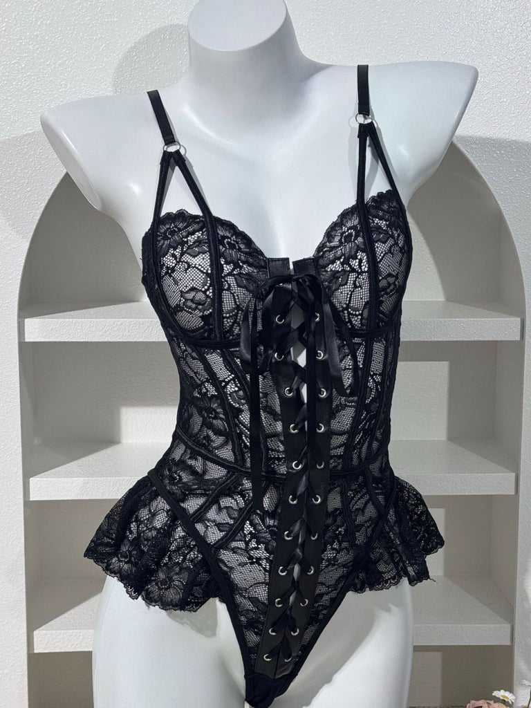 Nuisette Noir Lacé Transparent Dentelle Corset Années 1980 5