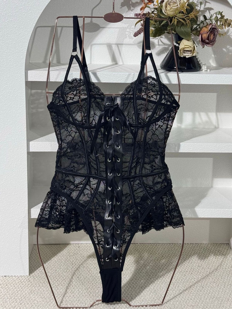 Nuisette Noir Lacé Transparent Dentelle Corset Années 1980 7