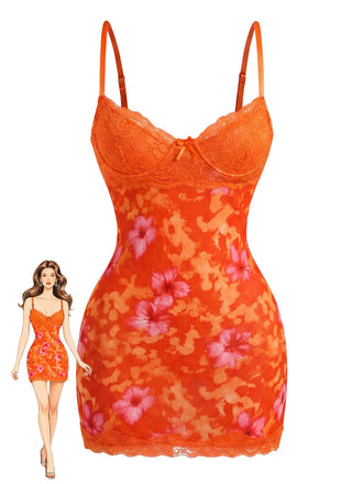 Robe Moulant Floral Dentelle Bordure Lingerie Nuisette Mini Années 1960