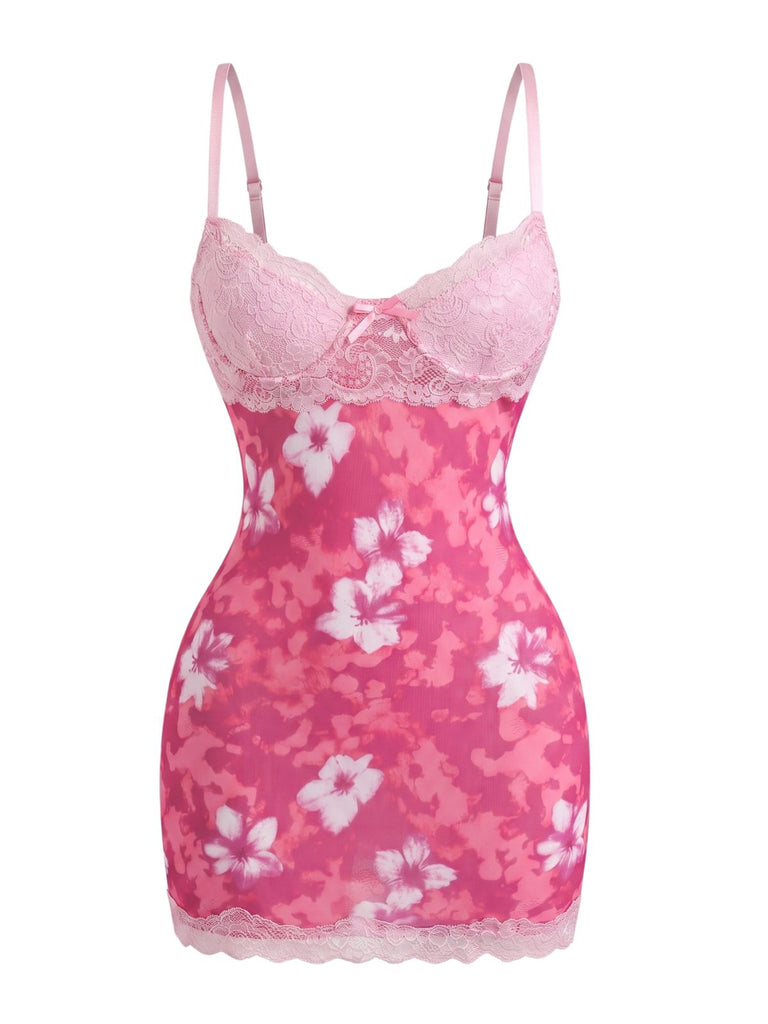 Robe Moulant Floral Dentelle Bordure Lingerie Nuisette Mini Années 1960 7
