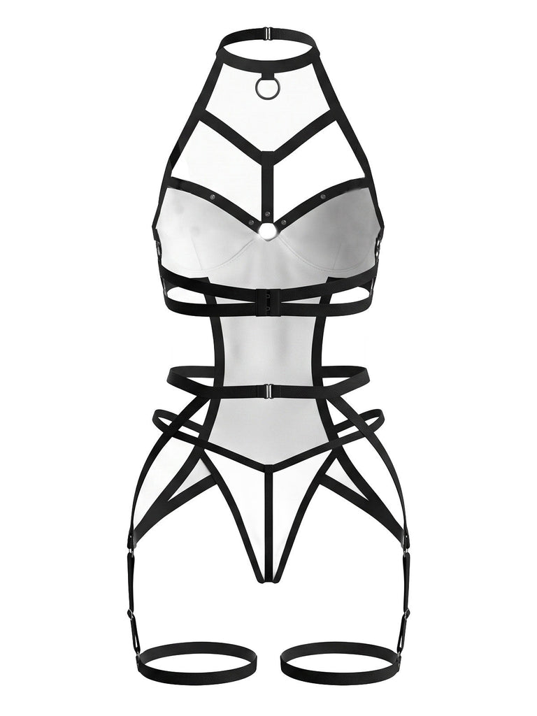 Body lingerie à bretelles, motifs crânes et toiles d'araignée Années 1970