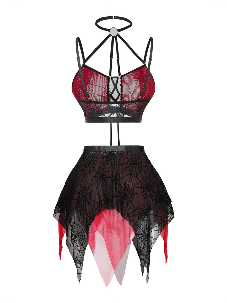 Sleepwear Gothique Spiderweb Filet Halter Crop Lingerie Ensemble Années 1980