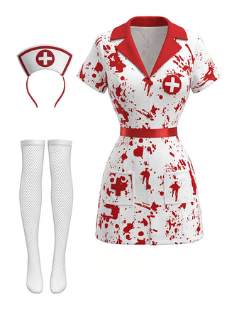 Ensemble costume blanc d'infirmière Halloween à éclaboussures de sang Années 1980