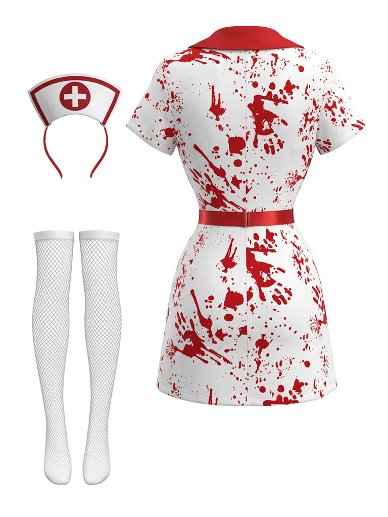 Ensemble costume blanc d'infirmière Halloween à éclaboussures de sang Années 1980