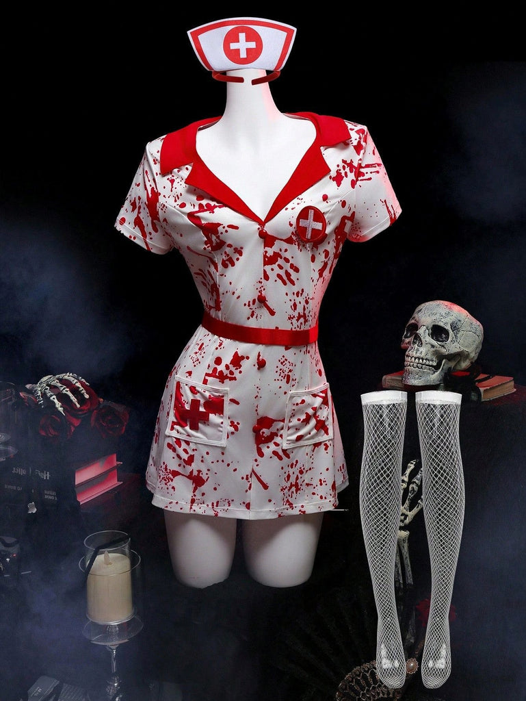Ensemble costume blanc d'infirmière Halloween à éclaboussures de sang Années 1980