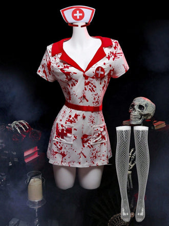 Ensemble costume blanc d'infirmière Halloween à éclaboussures de sang Années 1980