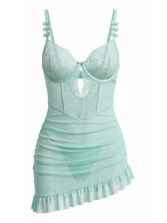 Nuisette babydoll vert menthe en dentelle à nœud années 1980 - 1