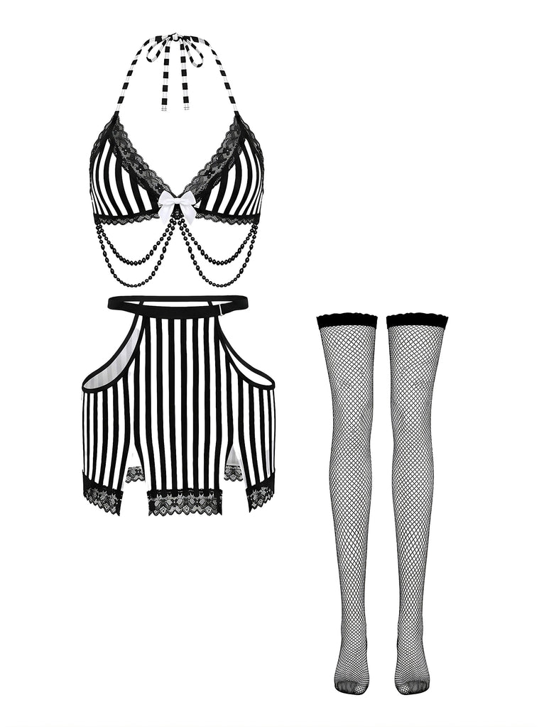 Ensemble Lingerie Dentelle Rayé Dos-Nu avec Bas Années 1980