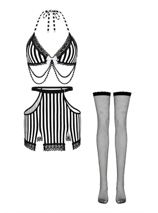 Ensemble Lingerie Dentelle Rayé Dos-Nu avec Bas Années 1980