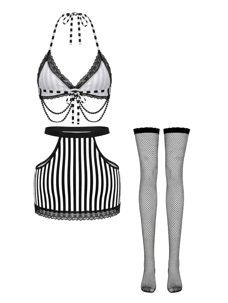 Ensemble Lingerie Dentelle Rayé Dos-Nu avec Bas Années 1980 2
