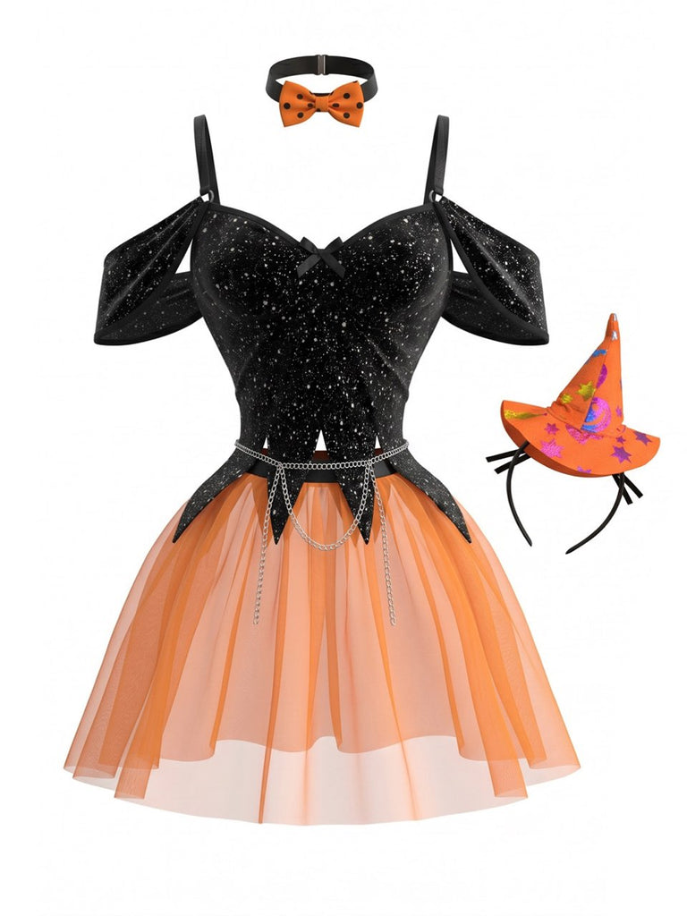 Set Lingerie Sorcière Halloween à Épaules Dénudées Années 1980