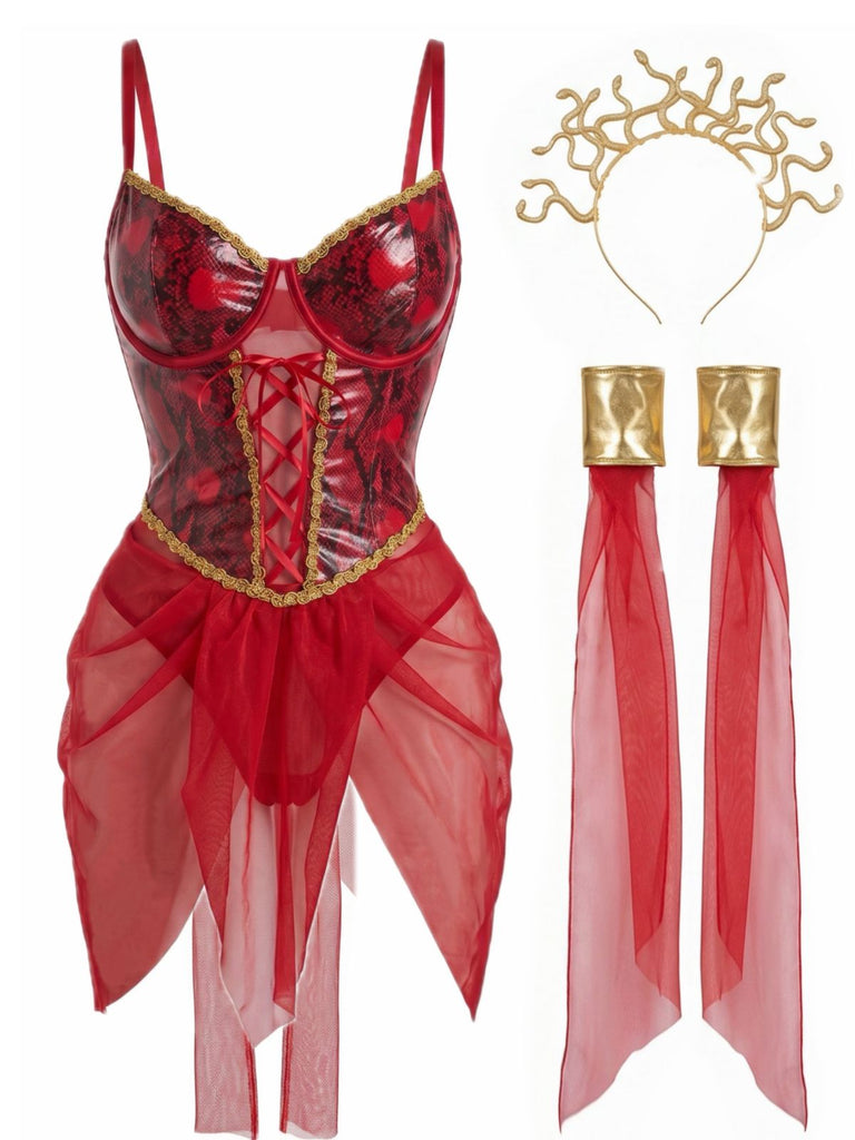 Nuisette Rouge Medusa Snakeskin Imprimé Tulle Années 1980