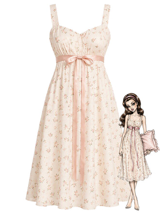 [Prévente] Nuisette Florale avec Nœud à la Taille Rose Brumeux Années 1950