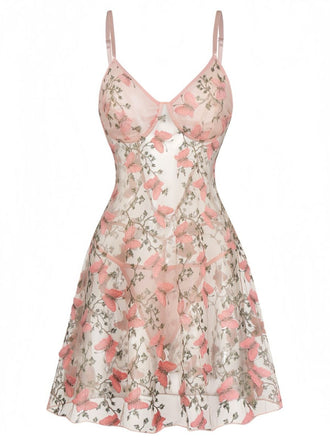Chemise de Nuit Rose Florale Papillons Bretelles Fines Années 1940 2