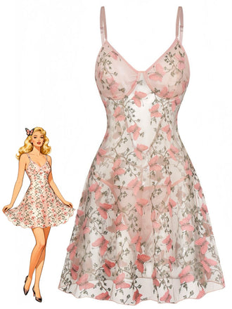 Chemise de Nuit Rose Florale Papillons Bretelles Fines Années 1940