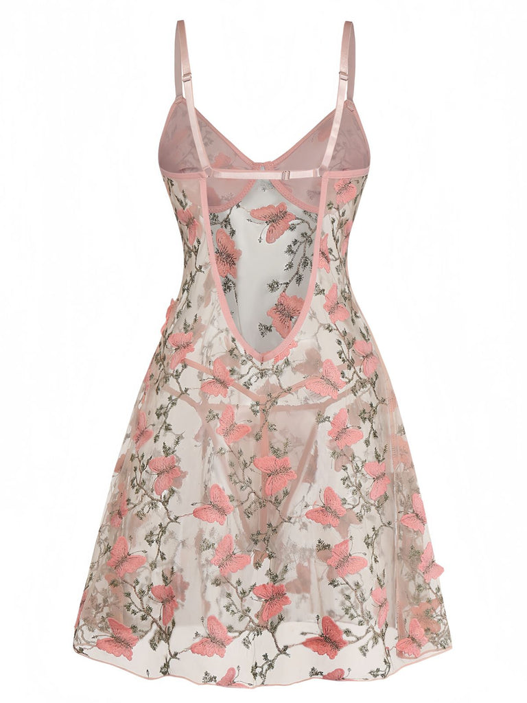 Chemise de Nuit Rose Florale Papillons Bretelles Fines Années 1940 3