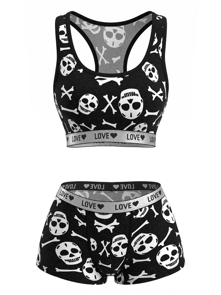 Ensemble pyjama noir avec short à motifs crânes, os et cœurs Années 1940