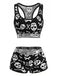 Ensemble pyjama noir avec short à motifs crânes, os et cœurs Années 1940