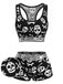 Ensemble pyjama noir avec short à motifs crânes, os et cœurs Années 1940