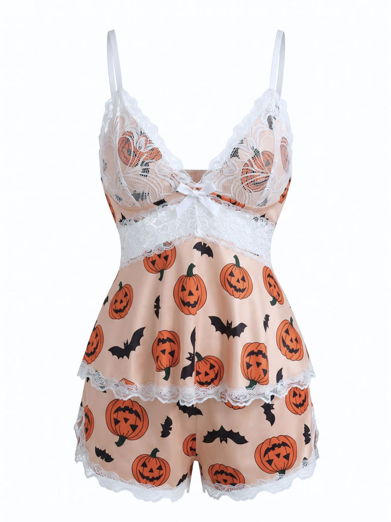 Set Pyjama Babydoll en Dentelle Chat Halloween Années 1950