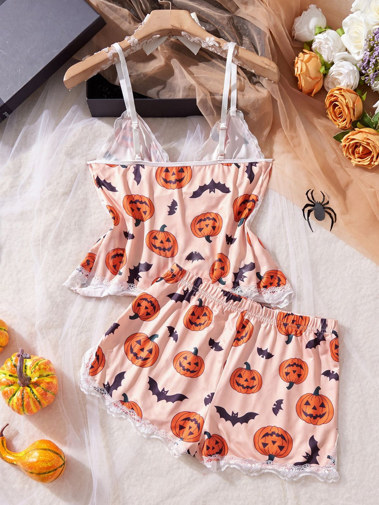 Set Pyjama Babydoll en Dentelle Chat Halloween Années 1950