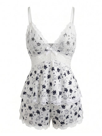 Set Pyjama Babydoll en Dentelle Chat Halloween Années 1950