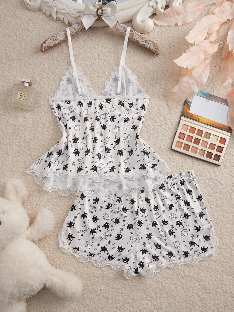 Set Pyjama Babydoll en Dentelle Chat Halloween Années 1950