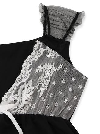Nuisette Babydoll en Dentelle et Tulle avec Nœud Noir Années 1970