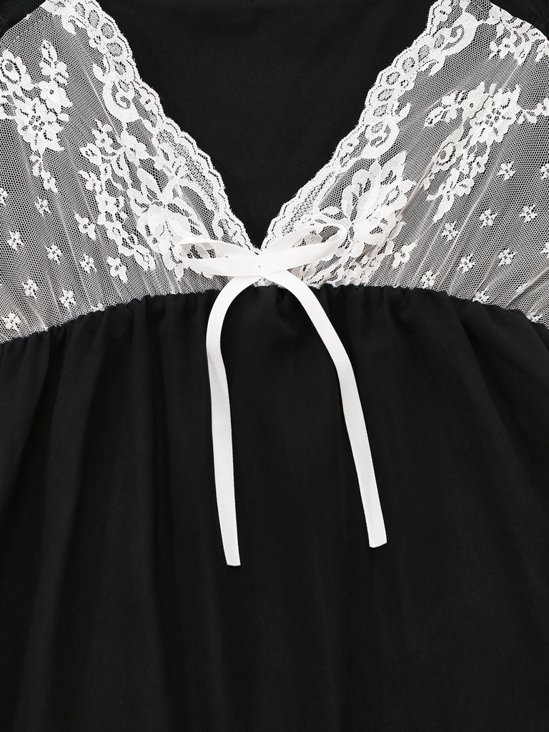 Nuisette Babydoll en Dentelle et Tulle avec Nœud Noir Années 1970