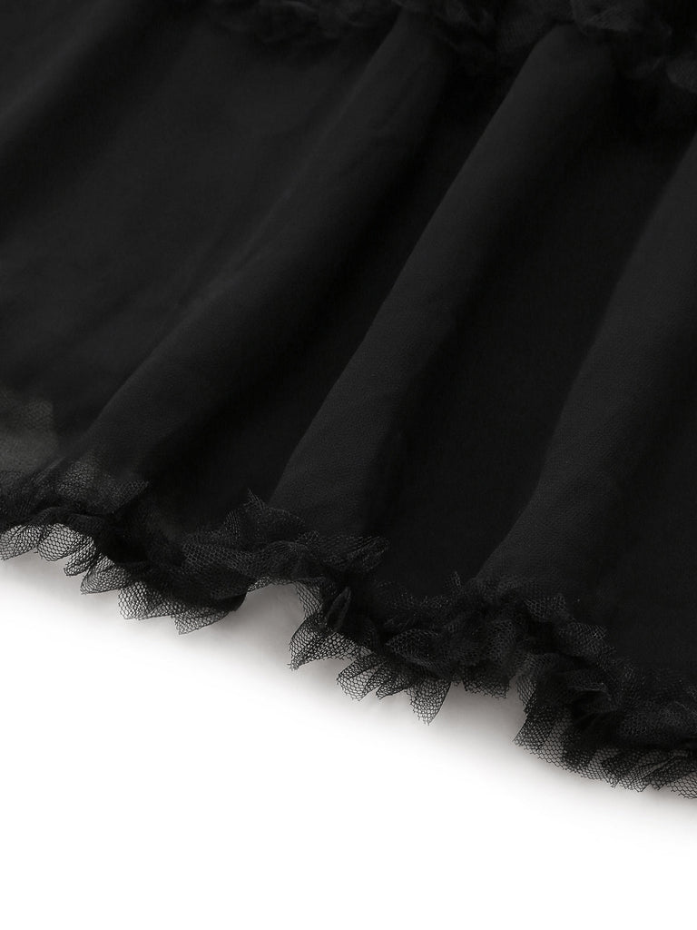 Nuisette Babydoll en Dentelle et Tulle avec Nœud Noir Années 1970