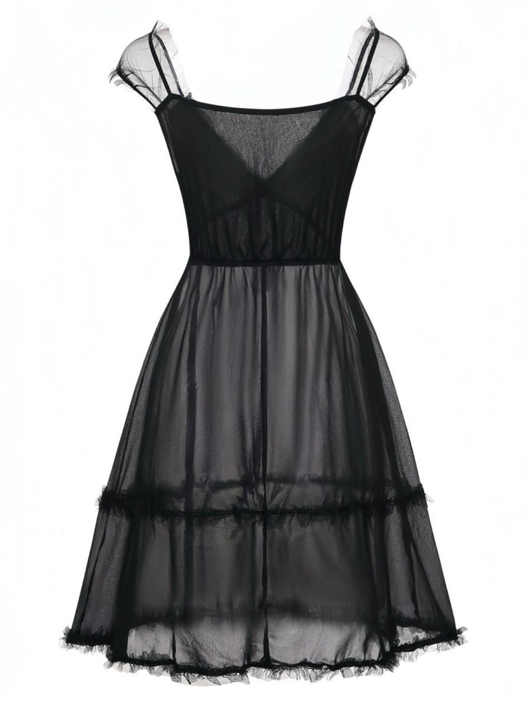 Nuisette Babydoll en Dentelle et Tulle avec Nœud Noir Années 1970