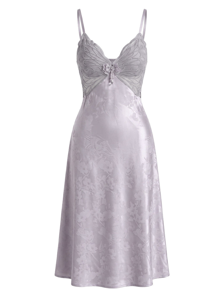 Chemise de Nuit Violette Satin Florale Papillon Dentelle Années 1940
