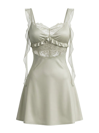 Chemise de Nuit Verte Satin Dentelle à Volants Taille Transparente Années 1950 2