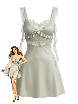 Chemise de Nuit Verte Satin Dentelle à Volants Taille Transparente Années 1950