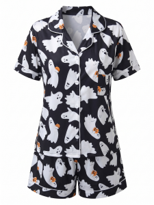 Pyjama Noir Halloween Imprimé Fantôme Chemise & Short Années 1950 2