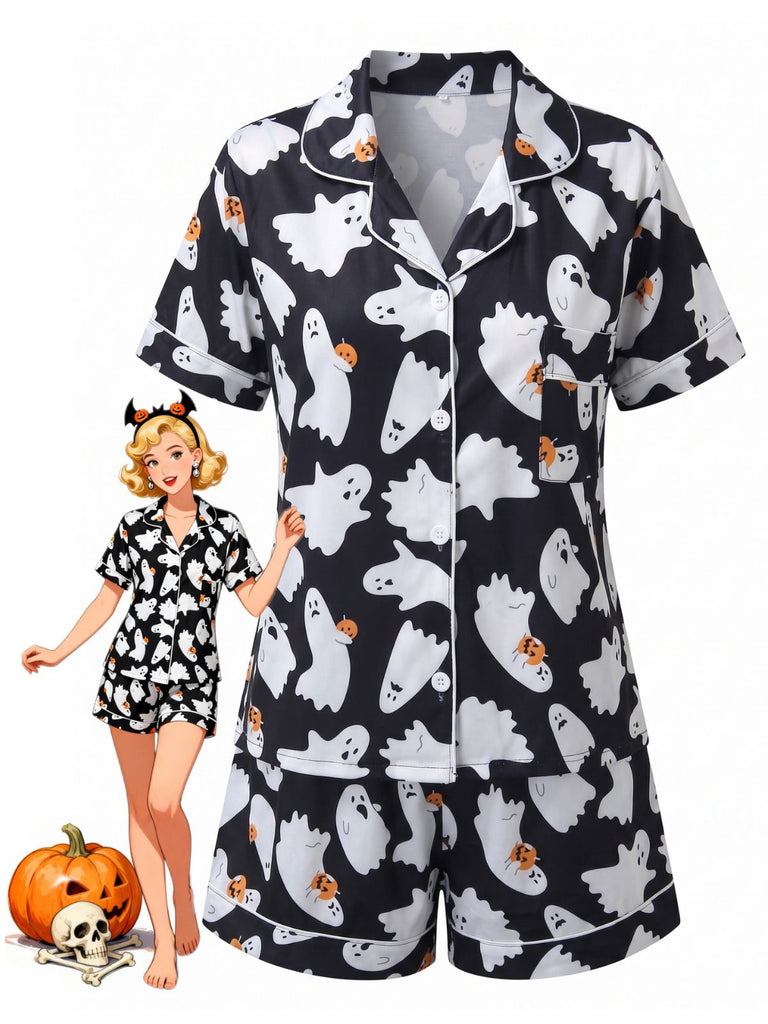 Pyjama Noir Halloween Imprimé Fantôme Chemise & Short Années 1950